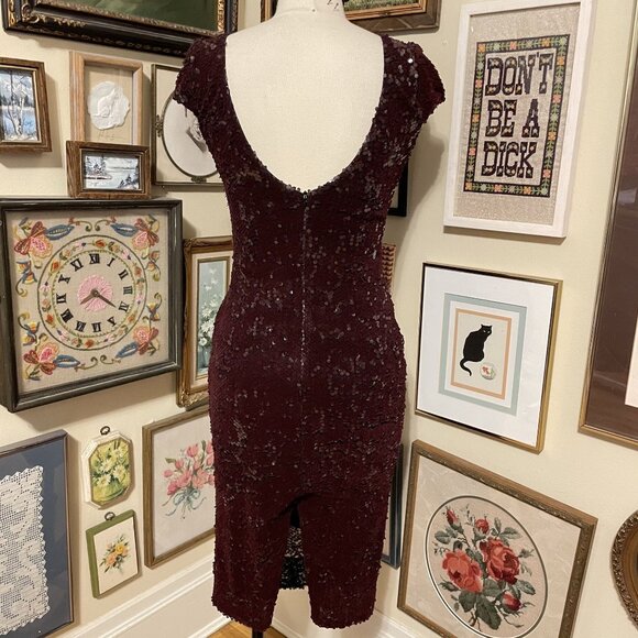 Dress The Population Burgundy Sequin Low Back Bodycon Cocktail Dress Size M - Picture 3 of 7
